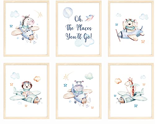 Image of bumbleboo Nistio® Oh The Places You Will Go Nursery Print, Airplane Nursery Prints, Safari Animals Nursery Wall Art, Seuss Nursery Print, Airplane Nursery Wall Art, Unframed, Set of 6 Prints, 8x10