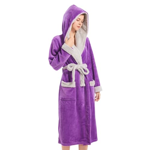 Image of Inner Wish Women Hooded Plush Robe, Fleece Highly Absorbent Cozy Warm Bathrobe