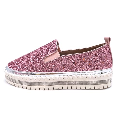 Image of Women's Platform Rhinestones Glitter Fashion Sneakers Comfortable Slip On Flat Loafers Walking Wedding Dress Shoes Casual Shoes