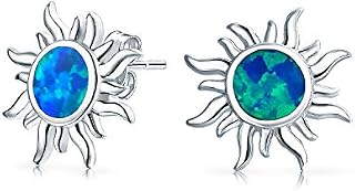 Irradiance Gemstone Summer Sun Beach Fun Created Blue Opal Sunburst Stud Earrings For Women .925 Sterling Silver October Birthstone
