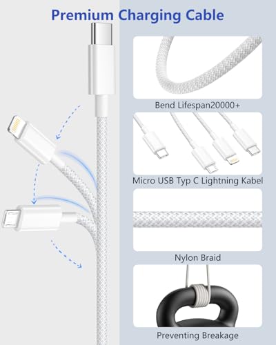 3 in 1 iPhone Ladekabel Schnellladekabel 1.2M, Multi Ladekabel Universal 100W PD Schnellladekabel Multi USB Kabel mit Micro USB/Lightning/USB C Kabel für iPhone 17 16 15 14 13 12 X 8,Samsung,und Mehr