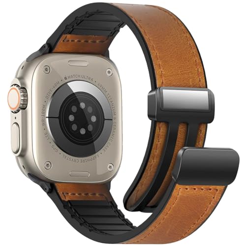WestEagle Correas magnéticas de cuero compatibles con Apple Watch de 49 mm, 46 mm, 45 mm, 44 mm, 42 mm (S3/2/1) para hombres y mujeres, cuero genuino con hebilla magnética para iWatch Ultra1/2/3