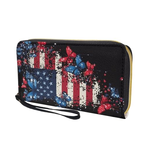 American Flag Butterfly Wallets Long Purse for Women Leather RFID Blocking Credit Card Holder Clutch Bag3