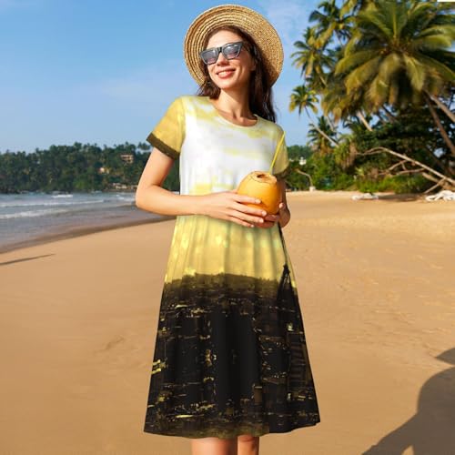 Robe à manches courtes d'été fluide style Tour Eiffel pour femme avec poches intégrées - 7