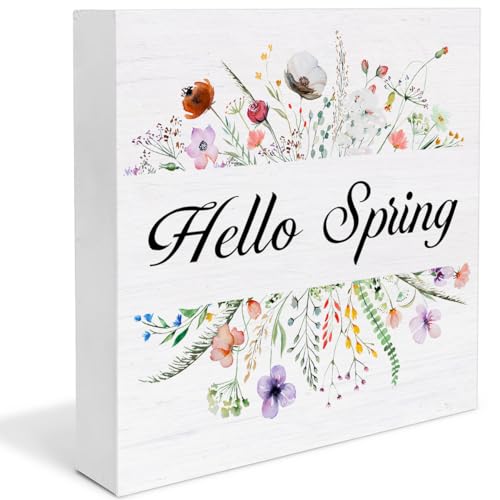 Spring Decor Hello Spring Wooden Sign, Floral Desk Decorations Wood