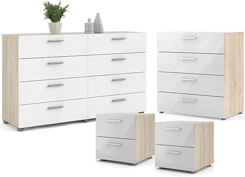 Home Square Contemporary Style 4 Piece Bedroom Set with Two Nightstands 8 Drawer Double Dresser and 4 Drawer Chest in Oak and White Gloss