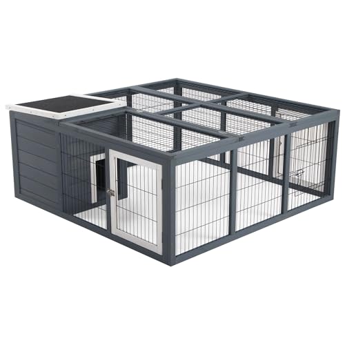 48.5x47.25x20.5in All-in-One Bunny Hutch: Private Resting Space + Spacious Play Area, Waterproof Roof, Fir Construction, Gray