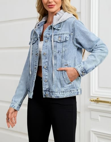 Kedera Women's Casual Button Down Denim Jacket Long Sleeve Detachable Hoodie Vintage Boyfriend Jean Coat4