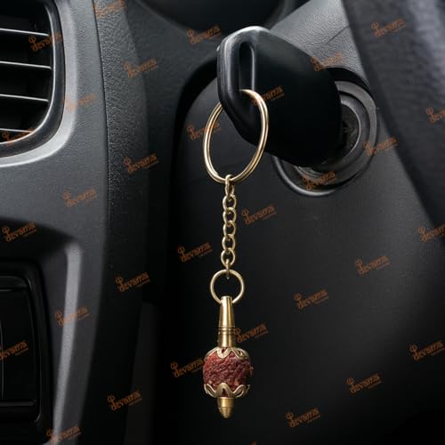 Image of Brass Gada Keyring with Rudraksh /Hanumanji Mace - Lord Hanuman Inspired Key Chain for Car, Bike & Home - Spiritual Religious Gift Accessory