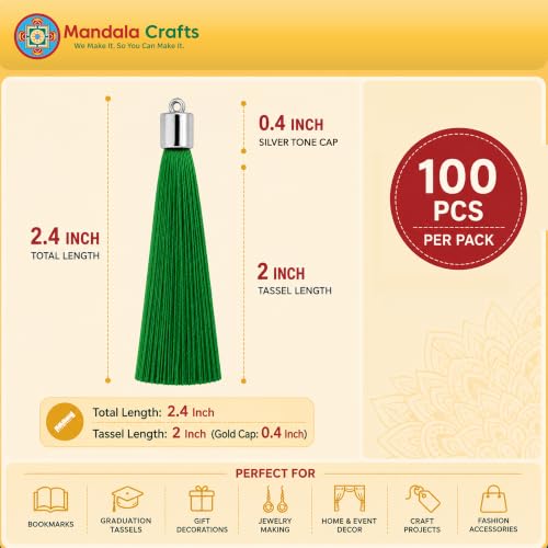 Image of Mandala Crafts Small Silver Tone Cap Green Bookmark Tassels with Loops