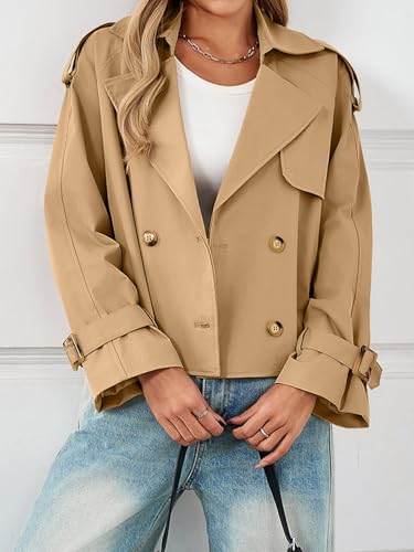 Tankaneo Womens Cropped Trench Coat Oversized Double Breasted Lapel Long Sleeve Short Jacket Fashion Outerwear2