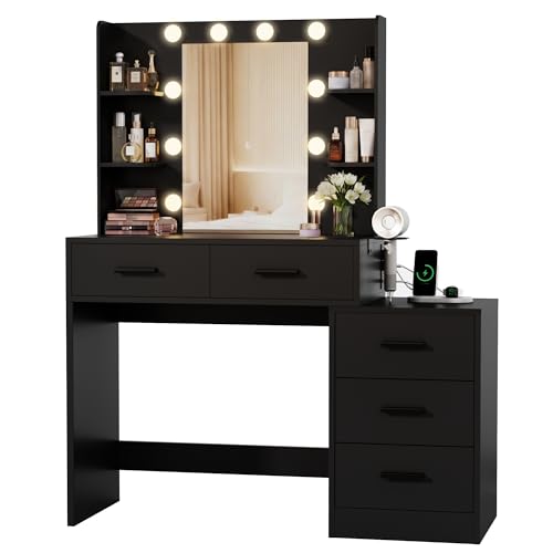 Image of Furmax Makeup Vanity Desk with Mirror and Power Outlet, Vanity with 3 Color Light Options Adjustable Brightness, Vanity Table with 5 Drawers, 6 Storage Shelves, Nightstands (Black)