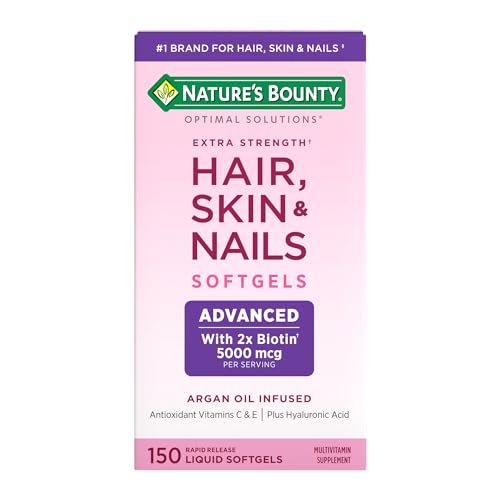Nature’s Bounty Advanced Hair, Skin & Nails, Argan-Infused Vitamin Supplement with Biotin and Hyaluronic Acid, 150 Rapid Release Softgels, 50 Total Servings