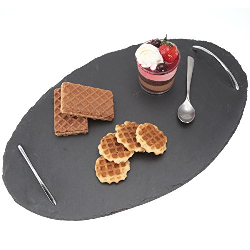 Creative Home Natural Slate Stone 15-3/4" W Oval Serving Tray With Zinc Alloy Handles #TOP2