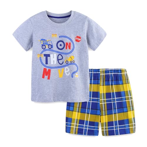 Image of HILEELANG Toddler Boy Summer Short Clothes Sets Cotton Crewneck Tees Shorts Pocket Adjustable Knite Shorts Playwear Sets