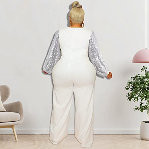 Dawwoti Macacão feminino plus size com lantejoulas, manga comprida, calça elástica, macacão de perna