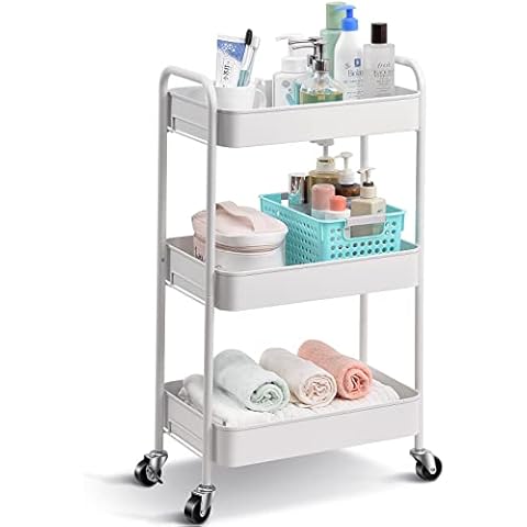kingrack 3-Tier Rolling Cart, Metal Storage Trolley with Lockable Wheels,Mobile Storage Cart Rack Shelves for Office,Bathroom,Classroom,Kitchen Serving Trolley Utility Cart No Screws Assemble White Cover