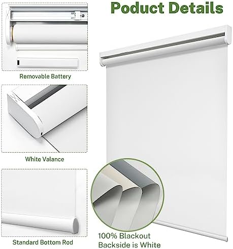 Miniatura 5 de MiLin Persianas enrollables motorizadas 100 % opacas para ventanas, sin cordones, para el hogar con batería extraíble y recargable (blanco opaco, 22