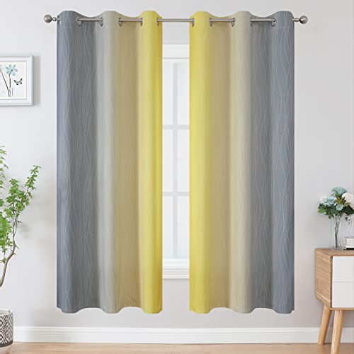 Estelar Textiler Ombre Grey and Yellow Blackout Curtains 72 Inch Length 2 Panels, Full Light Blocking Curtains for Living Room,Grommet Thermal Insulated Gradient Drapes for Bedroom, 42x72 Inch