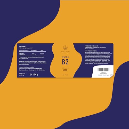 Vitamin B2 Riboflavin - Hochdosiert: 250mg Riboflavin - 240 Kapseln (Big Pack) - Unterstützt Energiestoffwechsel, Haut und Nerven - Laborgeprüft - Vegan & Deutsche Produktion - TRUE NATURE