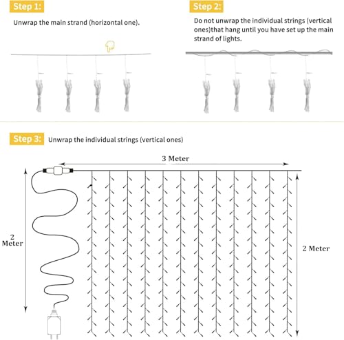 Image of fizzytech Plastic Fairy Curtain String Lights for Wall Decoration, Warm White 300 LED's, 8 Flashing Modes, Window Backdrop Lights for Bedroom, Party, Diwali, Christmas - 3x3 Meter