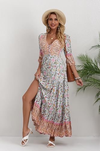 Image of Women Short Sleeve V Neck Floral Print Casual Bohemian Maxi Dresses