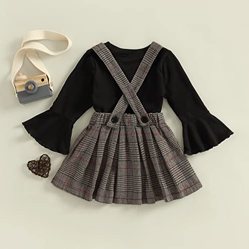 Toddler Baby Girls Clothes Set Flare Long Sleeve Ribbed Knit Pullover Top+Plaid Bowknot Suspender Skirts Fall Outfit (Black, 3-4 Years) #TOP3