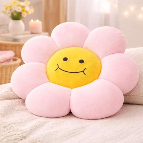 Image of AVSHUB Smiley Flower Cushion 40 cm | Soft Plush Pillow for Sofa Bed Decor | Cute Round Floral Shape Throw Cushion for Kids Room Living Room Gift Item (Pink)