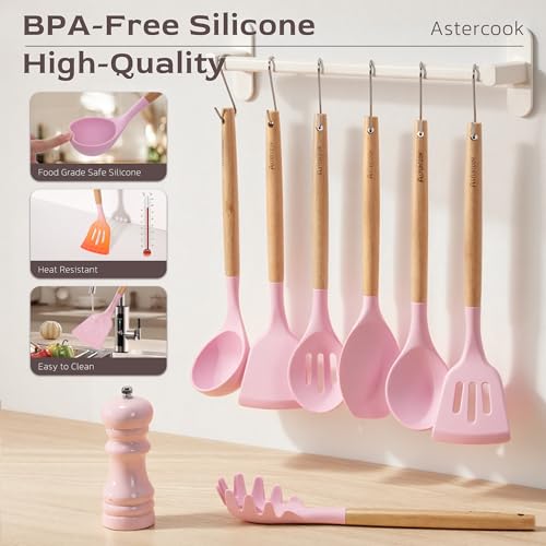 Image of Astercook Kitchen Utensils set, 39 PCS Silicone Cooking Utensils Set with Wooden Handle, 446F Heat Resistant Food Grade Utensil Sets, BPA Free Kitchen Gadgets Tools Set for Nonstick Cookware (Pink)