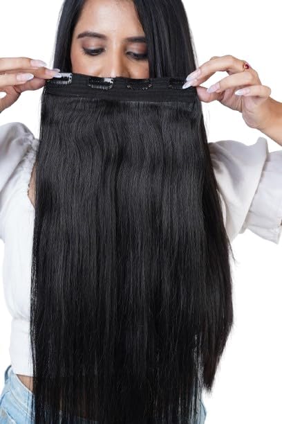 Image of Capilus 100% Indian Natural 4 Clip Ear to Ear Volumizer Clip-In Hair Extensions for Women & Girls - 18 Inches - Natural Black