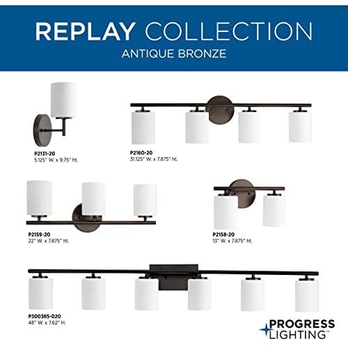 Image of Progress Lighting Replay Collection 1-Light Etched White Glass Modern Bath Vanity Light Antique Bronze