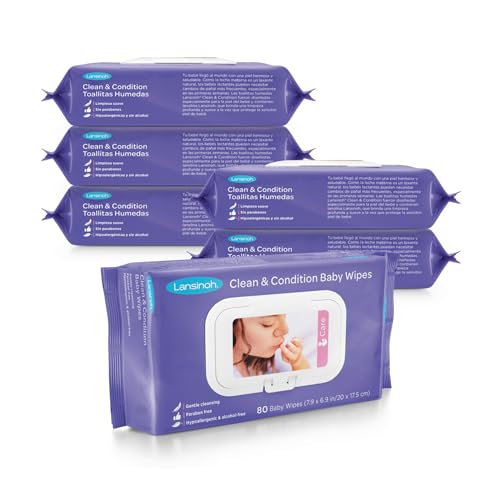 Image of Lansinoh Baby Wipes, Gentle on Sensitive Skin, Made with Lanolin, Hypoallergenic & Lightly Scented, 480 Count (Pack of 6)