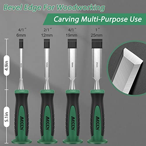 AECCN 4Pcs Wood Chisel Set, Professional Woodworking Tools, Chisel Set with Hand Protection Design, Sturdy Cr-V Construction, Bi-Material Soft Non-Slip Handle, Perfect for Woodworking & Wood Carving - Thumbnail 3