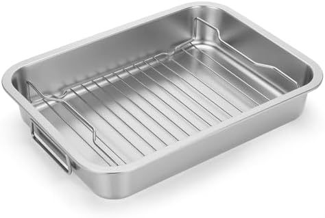 Tifanso Stainless Steel Roasting Pan - Heavy Duty Turkey Roasting Baking Broiler Oven Pan with Rack and Handle for Oven, High Sided Easy to Clean Induction Roast Tray for Chicken, Vegetable, Lasagna
