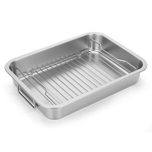 Comparison: Best Calphalon Stainless Roasting Pan 7 Tifanso Stainless Steel Roasting Pan - Heavy Duty Turkey Roasting Baking Broiler Oven Pan with Rack and Handle for Oven, High Sided Easy to Clean Induction Roast Tray for Chicken, Vegetable, Lasagna