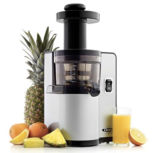 Omega Juicer Cold Press Vertical 43 RPM Slow Masticating Compact Juice Extractor for Fruits and Vegetables Quiet Operation with 3 Stage Auger Automatic Pulp Ejection and No-Drip Tap, 150-Watts, Silver