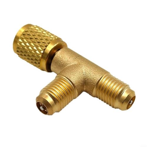 EffiFish Adaptador de tres vías de latón de 1/4 pulgadas de cabezal de conversión de refrigerante, para unidad exterior de aire acondicionado R22 R134, conecta refrigerante y bomba de vacío para un