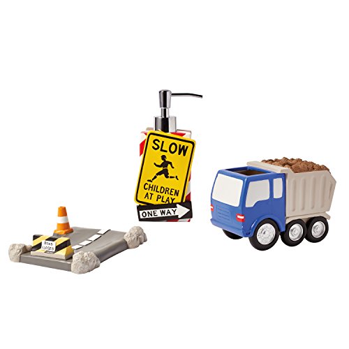 dream FACTORY Trains and Trucks Kids Bathroom Accessories Set - 3-Piece Organizer Décor for Bath Countertop - 1 Toothbrush Holder, 1 Lotion Pump / Soap Dispenser, 1 Soap Dish Tray, Grey - Thumbnail 4