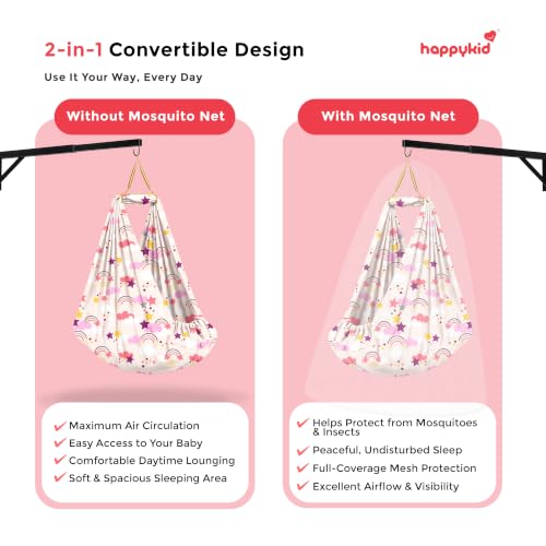Image of Happykid Baby Cradle Set | Durable Cotton Cloth, Mosquito Net, Spring, Triangle and Window Hanger (Purple, Without Bed)