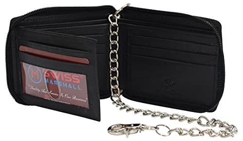 Men's Zipper RFID Blocking Premium Leather Zip-Around ID Bifold Biker Chain Wallet (Black)