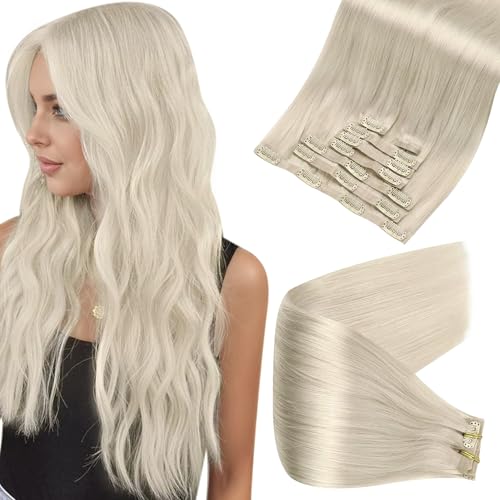 Full Shine Clip in Hair Extensions Real Human Hair Blonde Seamless Hair Extensions Clip in Ice Blonde Invisible Hair Extensions for Short Natural Straight Hair 12 Inch 8 PCS 95 G