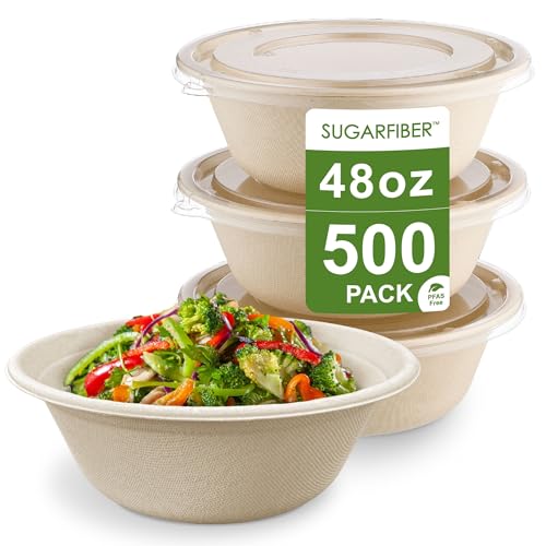 [500 SET]Harvest Pack PFAS FREE 48oz Round Compostable Paper Bowls with Flat Lids, Heavy-Duty Eco-Friendly Disposable Bagasse Large Soup Bowls Sugarcane made plant fibers for Meal Prep