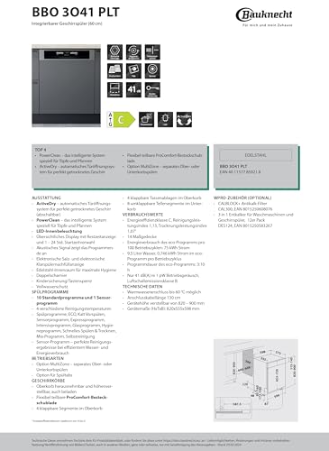 Bauknecht BUO 3O41 PLT X Unterbau-Geschirrspüler 60 cm /14 Maßgedecke /10 Standardprogramme und 1 Sensorprogramm/PowerClean/ActiveDry/Besteckschublade/Vollwasserschutz