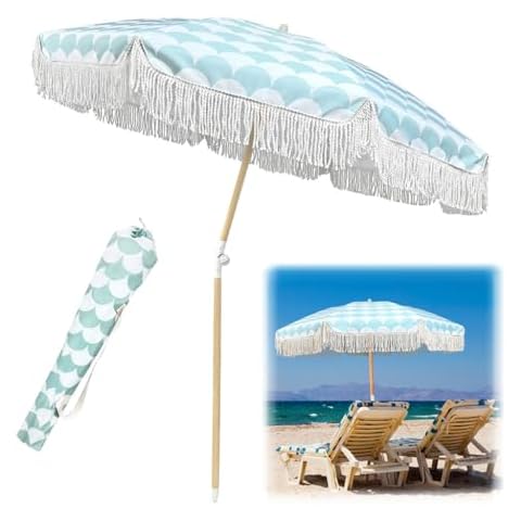 Aigoss 6FT Patio Umbrella Outdoor Screen Umbrella with Fringe, UPF50+ Sun Protection/8 Sturdy Ribs/Tilt Function, for Garden, Lawn, Deck, Backyard & Pool Cover