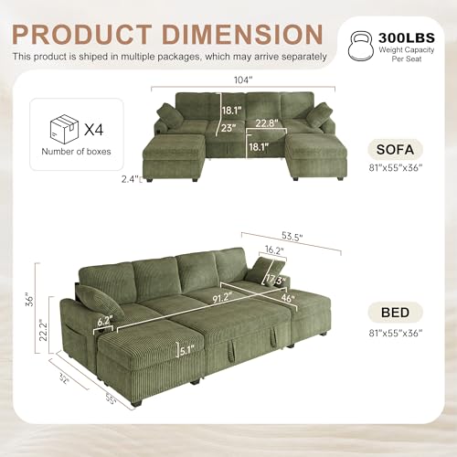Image of Hanherry 104 inch Sectional Sofa with Pull Out Couch Bed,Corduroy 4 Seater Sleeper Sofa with Storage Ottoman & USB Charging,Comfy U Shaped Modular Couches for Living Room,Apartment