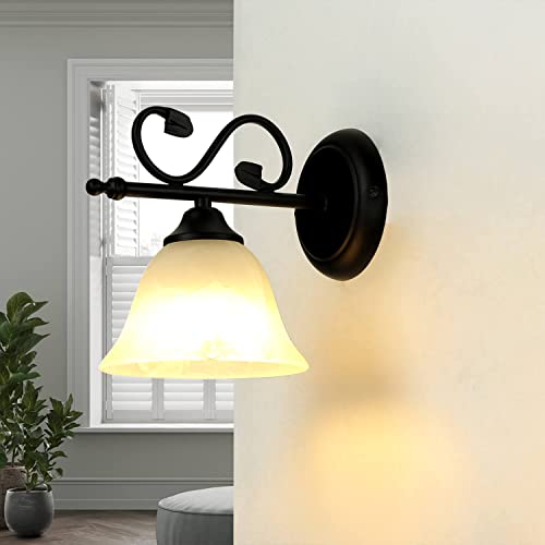 Licht-Erlebnisse Wandlampe Landhaus, Wandleuchte Antik, Schwarz, Weiß, Glasschirm, blendarm, Schlafzimmer, Wohnzimmer, T:23 cm, E14, Rustikal, Wandleuchte Landhausstil