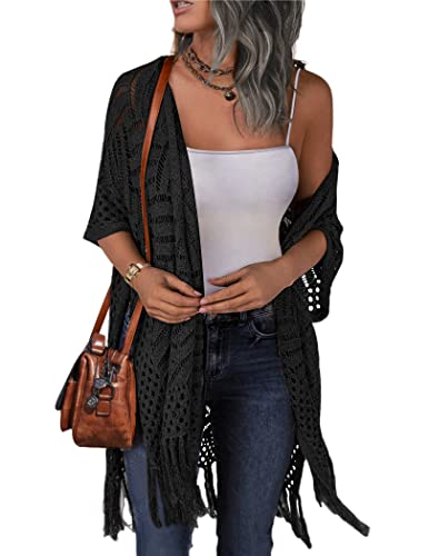 Image of HOTOUCH Womens Knit Cardigan Open Front Outwear Hollow Out Crochet Tassel Lightweight Kimonos Sweater S-XXL