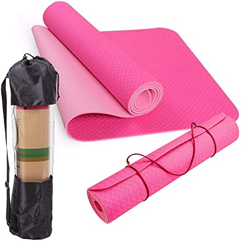Bodylastics Yoga Mat for Men and Women with Carry Bag TPE 6ft x 2ft x 6mm Large Size Anti Slip & Anti Tear Workout Mat (Pink/Light Pink)