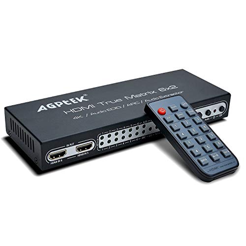 Répartiteur SPDIF True Matrix HDMI 4K @ 30HZ 6X2 avec Fonction Arc/PIP | Extracteur Audio HDMI, Mode Audio 2.0CH/ 5.1CH/ ADV | Sortie Audio Casque SPDIF ou 3,5 mm