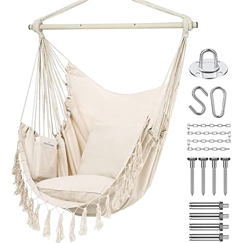Fohome Hanging Chair for Bedroom Max 150Kgs Beige Hanging Chair with 2 Cushions Hanging Chair with Pocket and Macrame Swing Rope Chair for Bedroom for Indoor Outdoor (Beige)